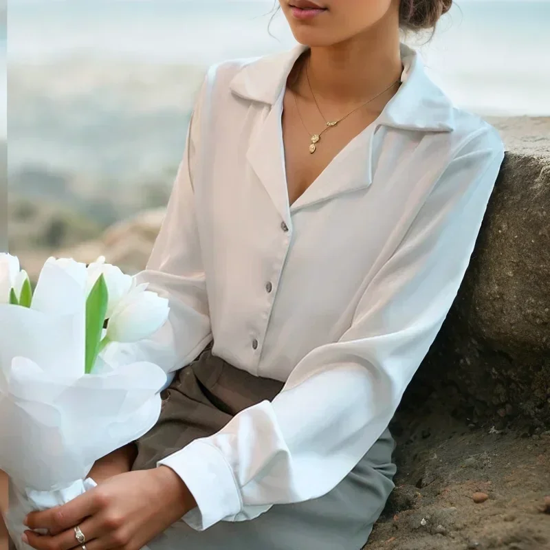 

Осенние абрикосовые топы, однотонная одежда, Женская атласная блузка с длинным рукавом, Офисная Женская рубашка с английским воротником, новые блузы, элегантные 29892