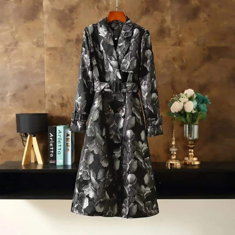 

XXL Long Coat Trench 2023 Spring Autumn Casual Overcoats High Quality Women Turn-down Collar Vintage Prints Adjustable Belt Coat