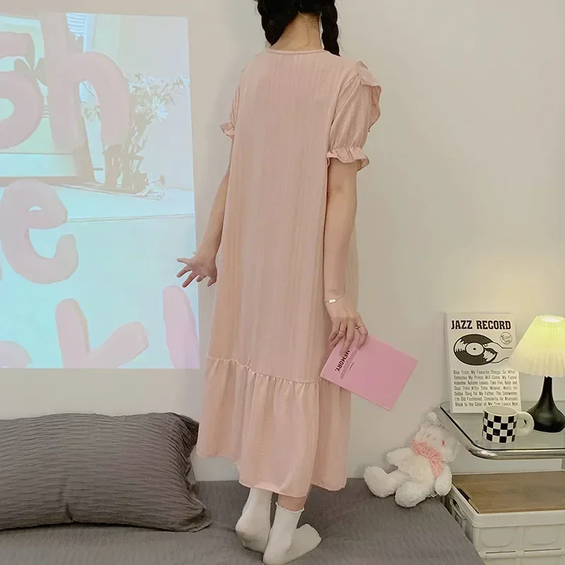 

Lace Cute Sexy Sleepshirts Sweet Robe Summer Short Color Dress Fairy Nightgown Neck Long Night Solid Sleeve Women Nightdress