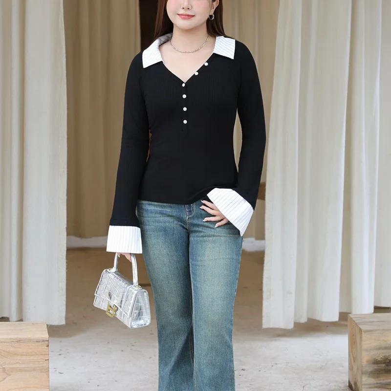 Fashion Plus Size Women's T-Shirt Premium Fake Two Pieces Cinched Waist Tops Color Blocking Lapel Tees 9311