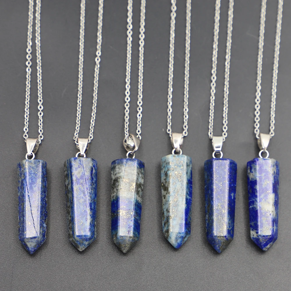 

Beautiful Natural Lapis Lazuli Necklace Hexagonal Pendants Pointed Reiki Charms Pendulum Chakra Jewelry Accessory Wholesale 6Pcs