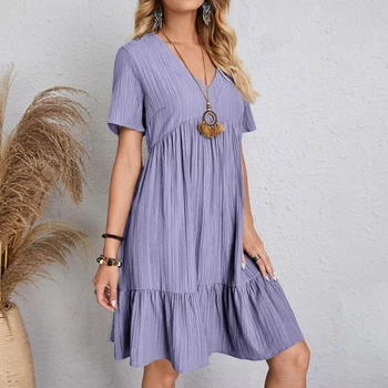 Vintage Solid Elegant Women Dress 2023 Summer Fashion Casual V-Neck High Waist A-Line Mini Dresses Lady Short Sleeve Party Dress 1