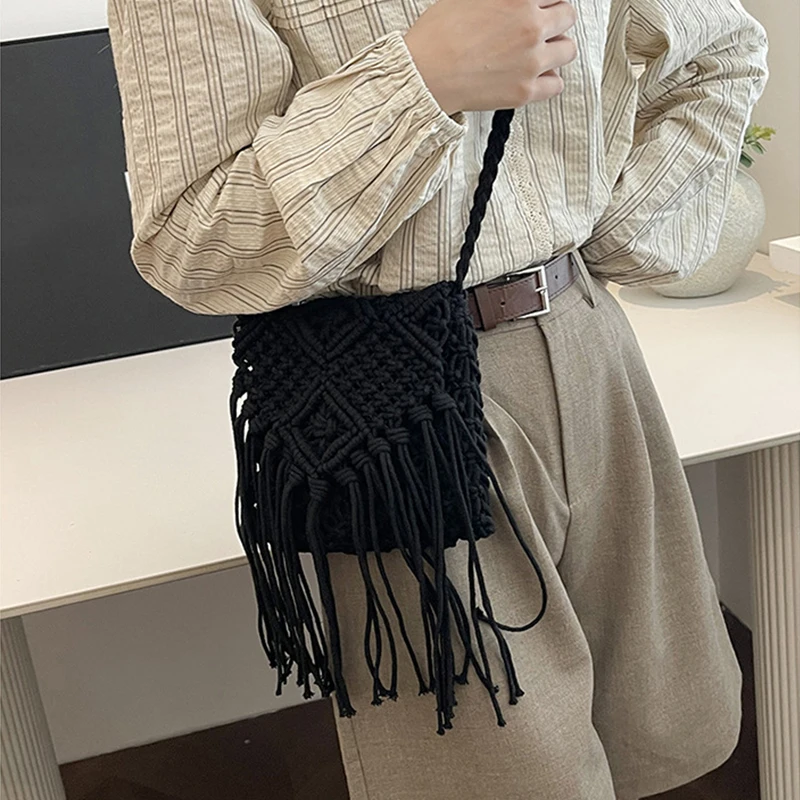 Women Crochet Shoulder Bag with Tassel Handwoven Crossbody Bag Solid Color Bohemian Sling Female Woven Bag