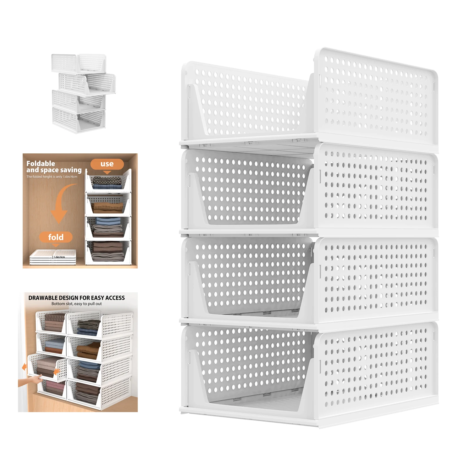 4 Pack Stackable Foldable Wardrobe Storage Boxes White, Pull Out Like a Drawer, Suitable for Home, Bedroom, Kitchen