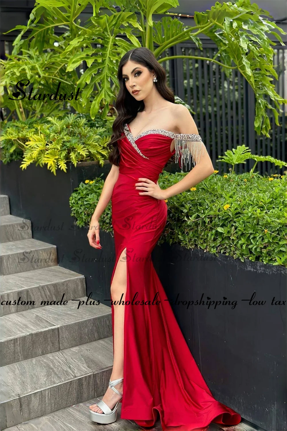 Stardust Stylish Off Shoulder Tassels Celebrity Dresses with Slit Saudi Arabric Prom Gown Vestidos De Festa Plus Customized womens dress