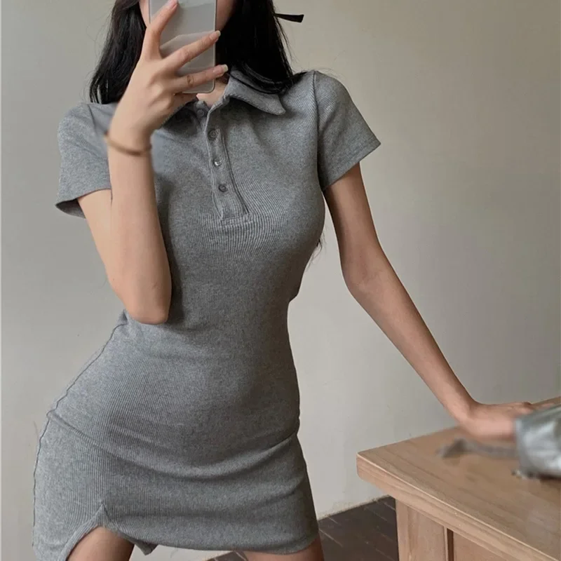 

Short Sleeve Button Lapel Sexy Mini Dress Women Vintage Summer Fashion Streetwear Party Elegant Y2k Pencil Dresses Vestidos