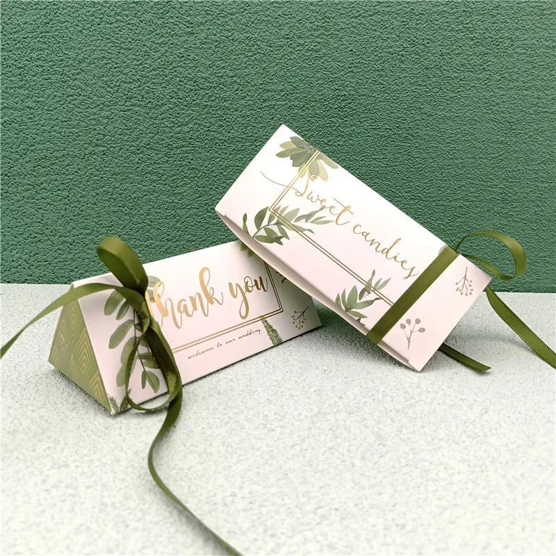 10/20Pcs Green Leaf Dreieck Candy Box Hochzeit Keks Bevorzugung Geschenk Verpackung Box Mit Band Engagement Geburtstag Party Dekoration – Detail 7