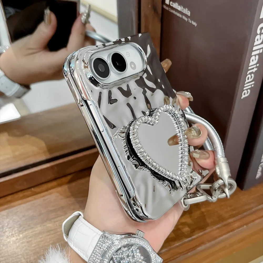 Elegant Heart Mirror Diamond Stand Case with Lanyard - Shockproof and Durable Cover
