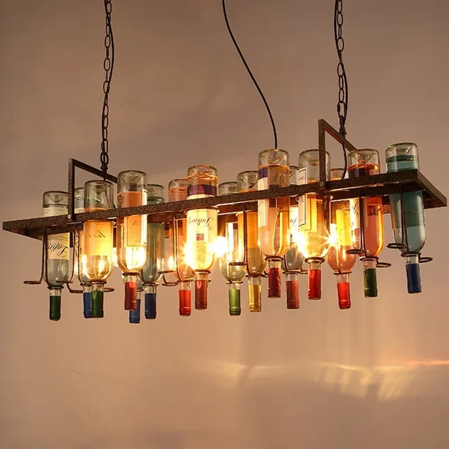 American Retro Industrial Rust Metal Colored Wine Bottle Glass Chandelier