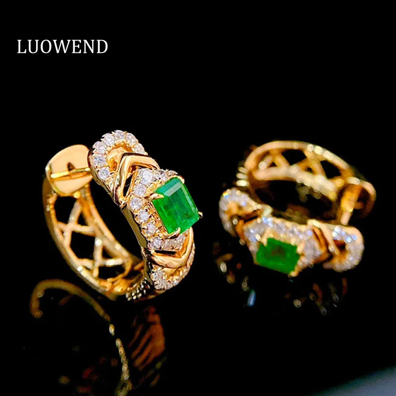 

LUOWEND 18K Yellow Gold Earrings Luxury Real Natural Emerald Shiny Diamond Gemstone Hoop Earrings for Women High Party Jewelry