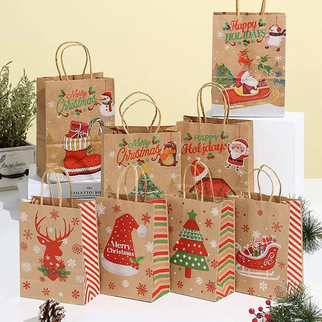 12pcs Kraft Paper Christmas Bag Christmas Gift Bag with Handles 2025 Xmas Party Candy Bag Cookie Present Bag Decor 2026 New Year 2