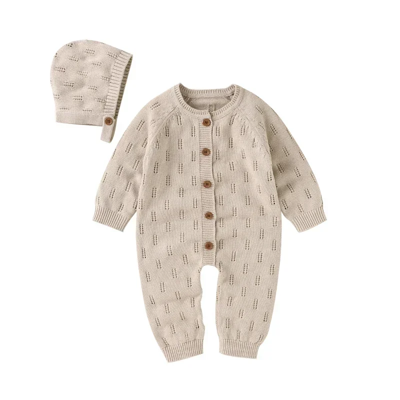 

Baby Romper Knit 100%Cotton Newborn Girls Jumpsuit Outfits 2PCS Infant Kid Solid Ruffle Playsuit Hat Clothing Long Sleeve Autumn