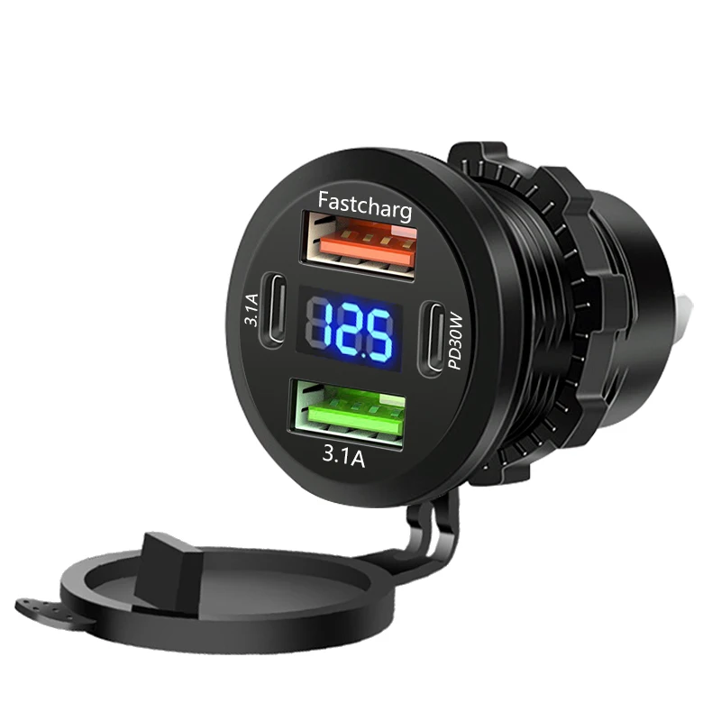 86W 듀얼 QC3.0 USB & 듀얼 PD3.0 차량용 충전기 전원 콘센트 소켓 타입-C 고속 충전 콘센트 (LED 전압계 내장, 12-24V 차량용)