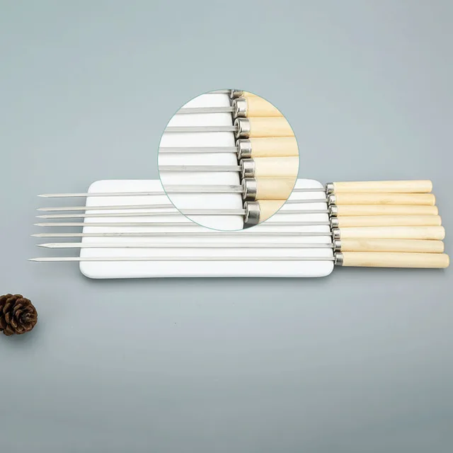 Rozsdamentes Acél Barbecue Nyárs Hosszú Fa Fogantyú Újrahasznosítható Lapos/Kerek Villák Sült Bot Bbq Grill Kültéri Piknik Kemping Szerszám - Image 3