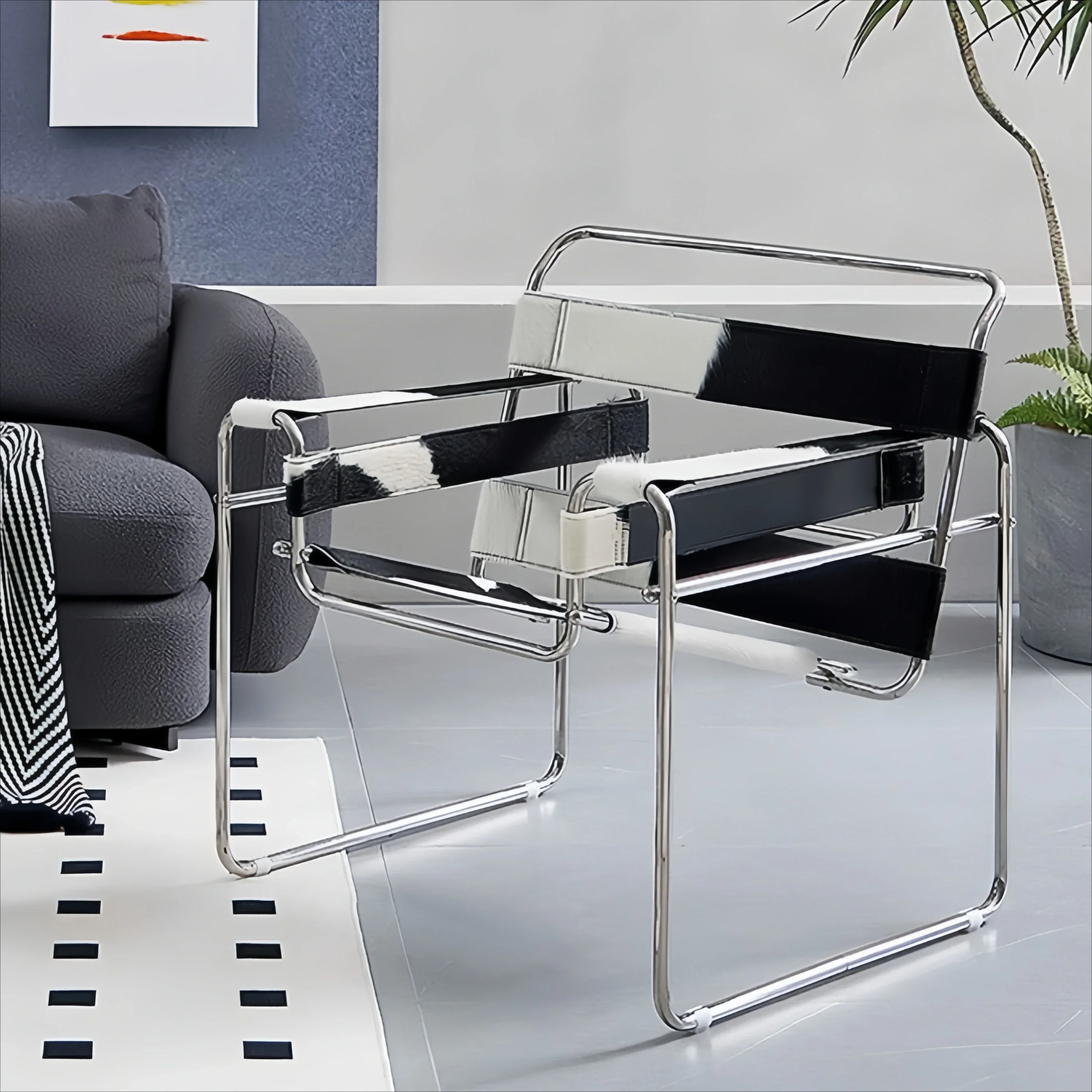 Vassili Genuine Leather Lounge Chair Bauhaus Style MidCentury Modern OnePiece with Stainless Tube Frame Premium office Furniture