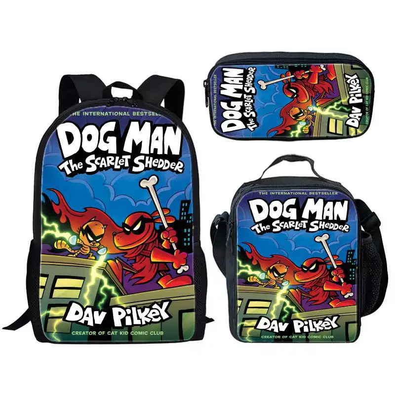 Dog Man Detective Dog Three Piece Set for Children and Elementary School Students, Large Capacity Backpack, Meal Bag, Pen Bag 4