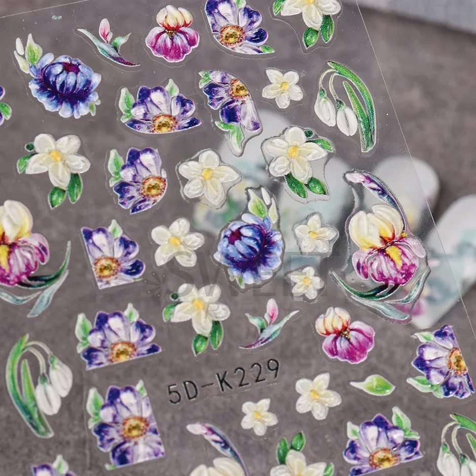 Nail Stickers Nail Art Decoration Nail Decals Flower Stickers 5D Embossed Violet Iris Flower Nail Sticker Purple Floral Sliders Sunflower Daisy Design For Nail Art Manicure Decoration SA5D-K