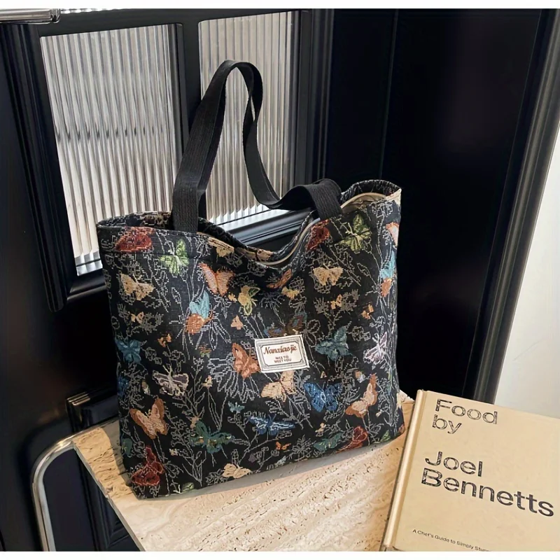 Women's Bag Butterfly Flower Print Embroidery Shoulder Bags Fashionable Canvas Handbags Large Capacity Zipper Shopping Bag