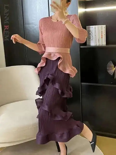 LANMREM French Irregular Women's Pleated Dress O-neck Tie Three Quarter Sleeve Temperament Cake Dresses 2025 Spring New 2DE172