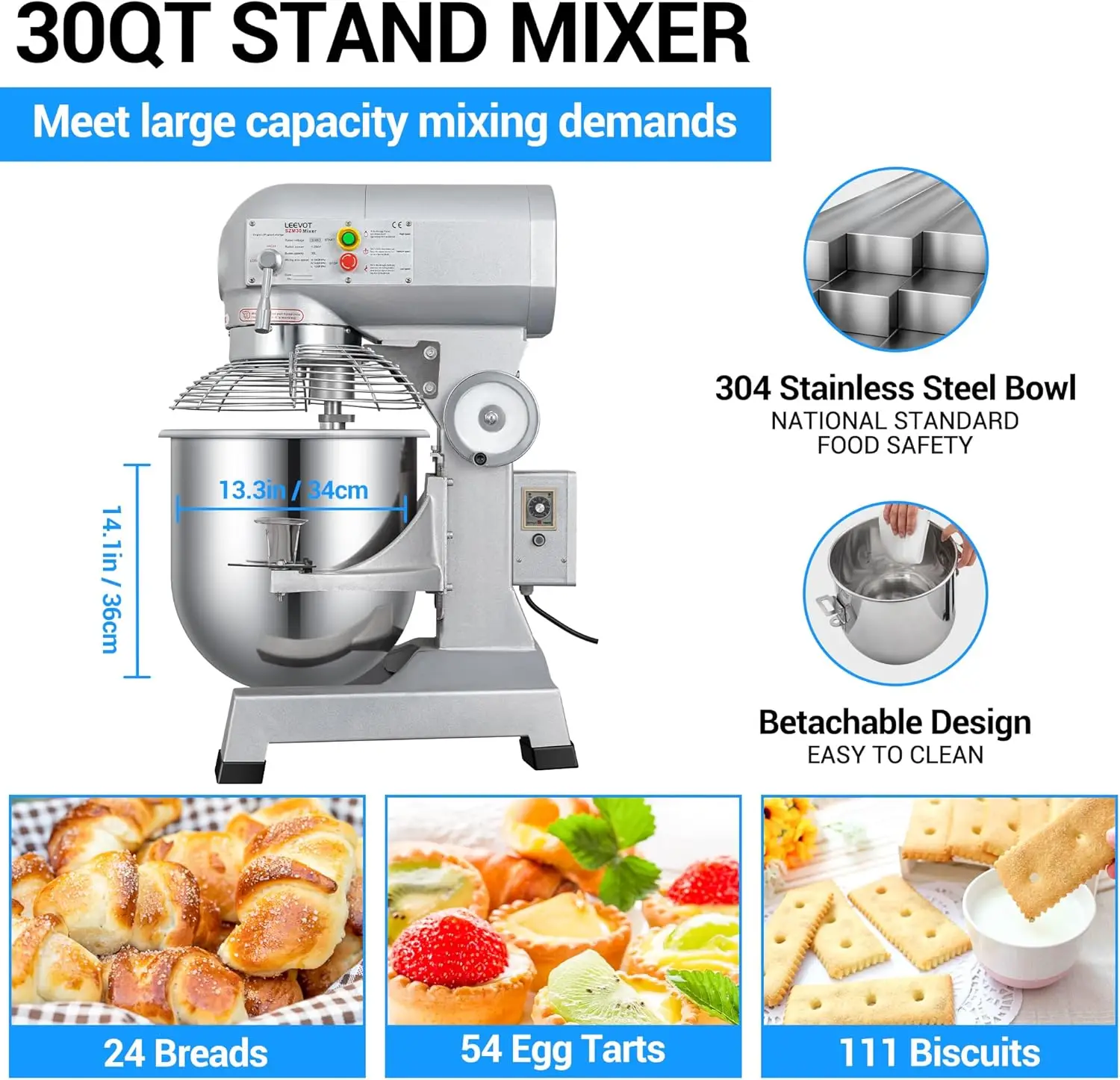 1250W Commercial Food Mixer, Commercial mixer 3-Speed Adjustable Heavy Duty Stand Mixer with Stainless Steel Bowl for Bakery Piz 3