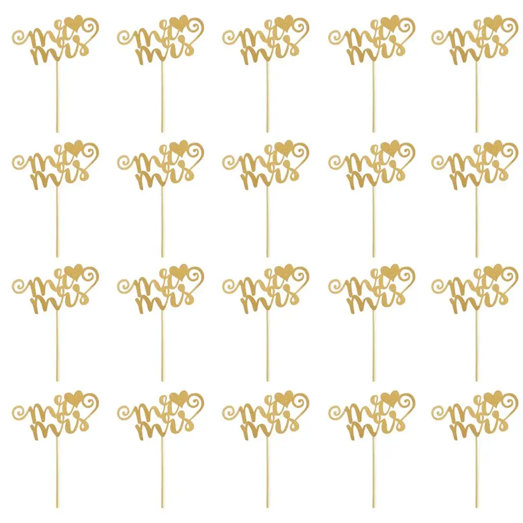 20pcs/set Glitter Paper Wedding Mr & Mrs Heart Cake Cupcake Topper Pick Decor for Wedding Party Anniversary Accessories