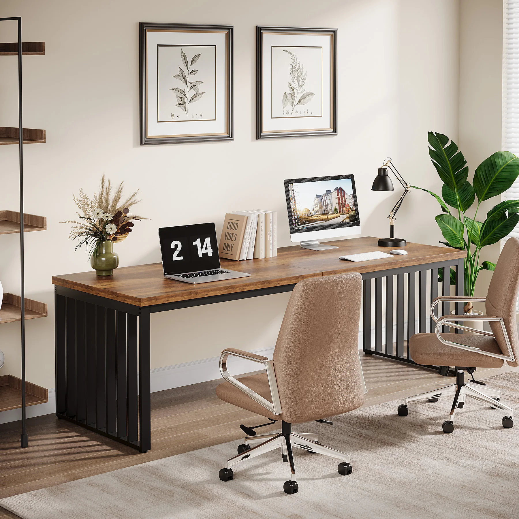 Tribesigns 78''Modern Large Office Desk, 2-Person Computer Workstation, Industrial Wooden Desk with Metal Legs 3