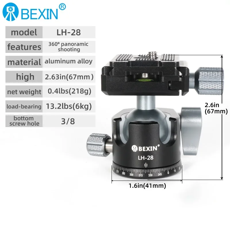BEXIN LH28 LH32 Low Profile Ball Head 36mm CNC Metal 360&deg; Panoramic Camera Tripod Head Tripod Monopod DSLR Cameras Camcorder