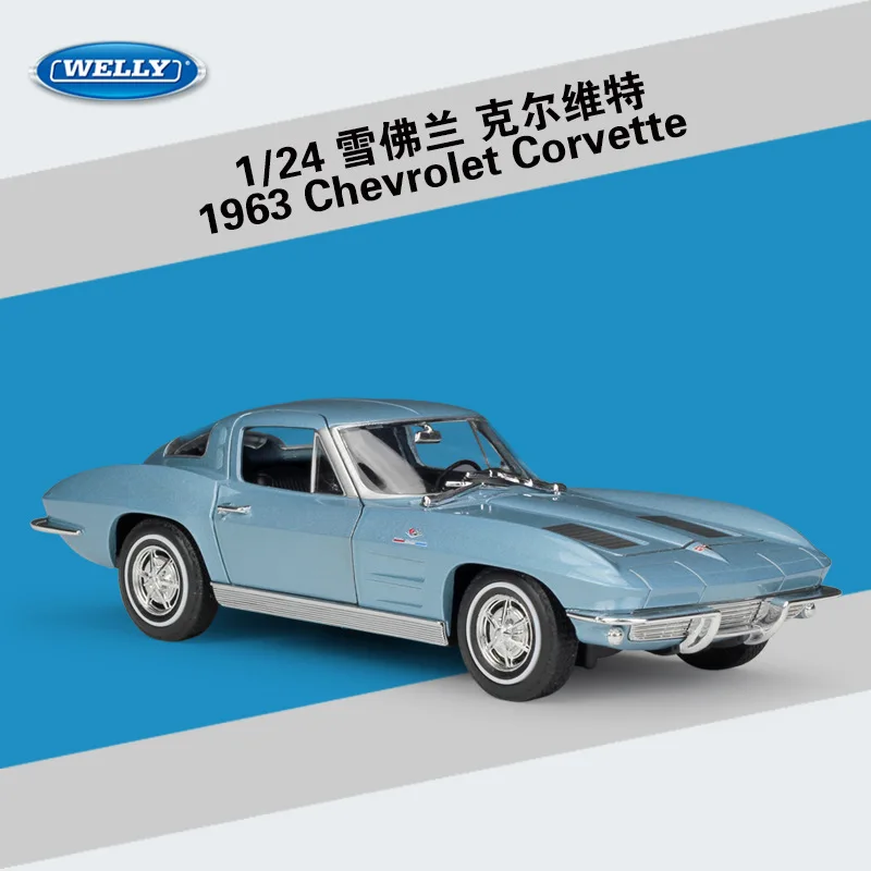 Welly 1:24 Chevy 1963 Corvette Corvette 스포츠카 모조 합금 모델 장난감 선물 컬렉션 디스플레이