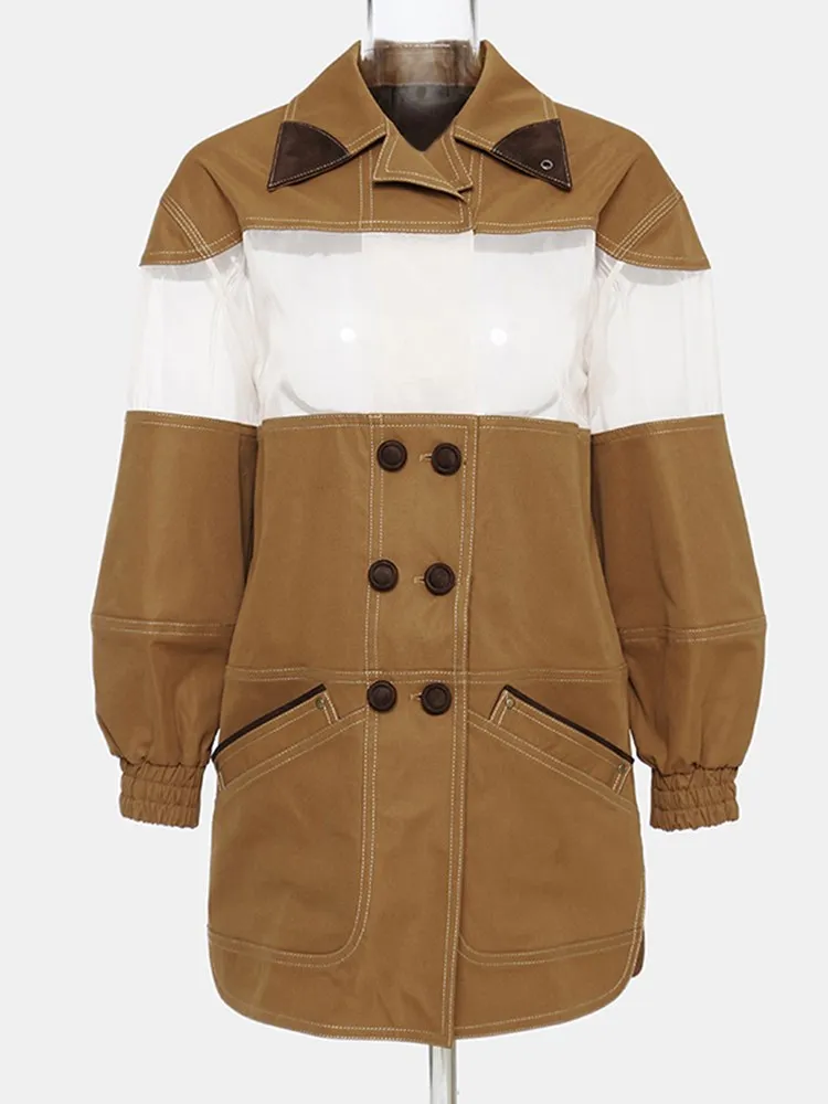 KBQ Hit Color Casual Jackets For Women Lapel Long Sleeve Spliced Pockets Straight Double Breasted Coats Female Fashion New Style