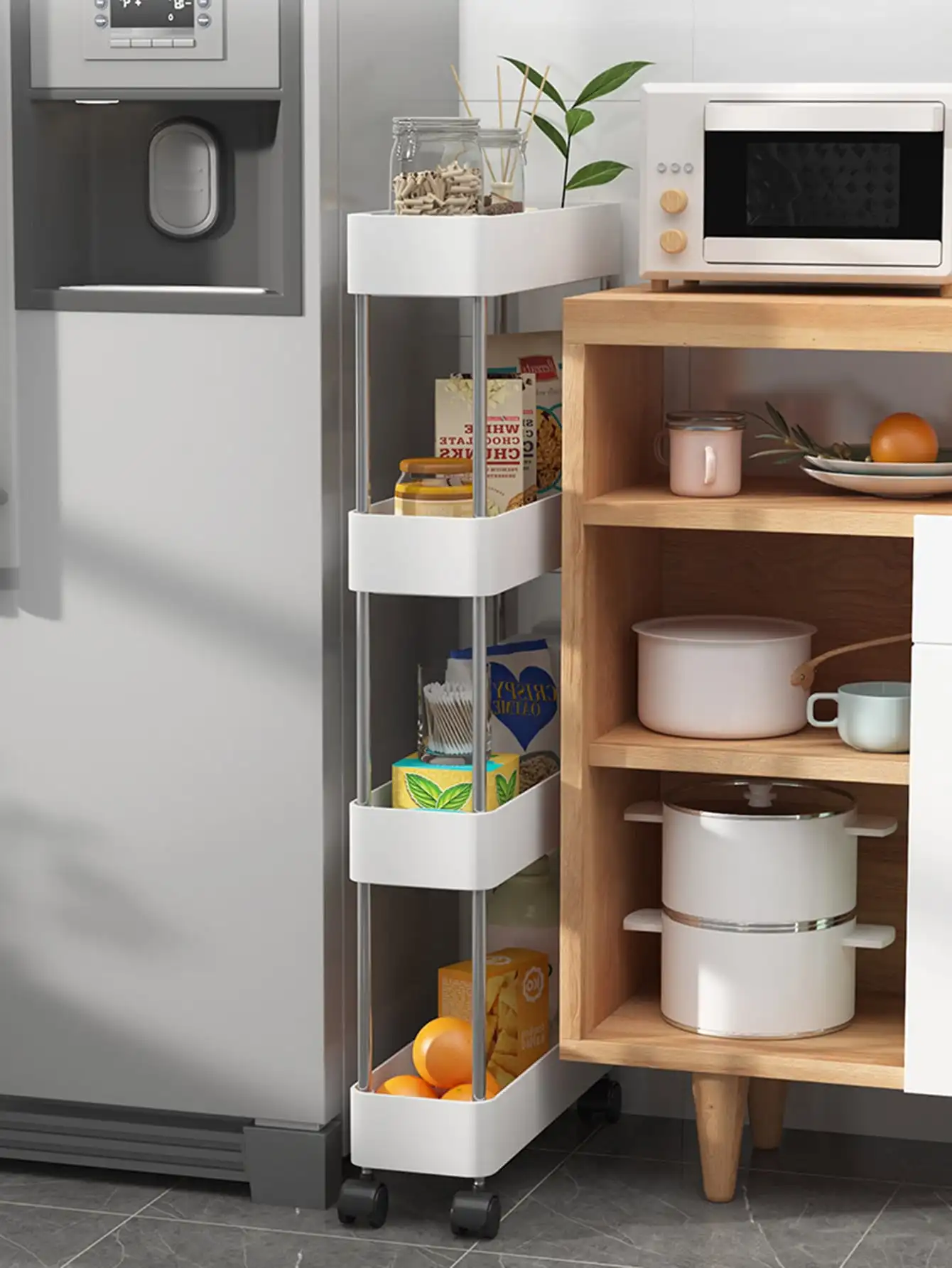 1pc Kitchen Bathroom Storage Rack 3/4 Tier Rolling Cart Storage Shelf Movable Gap Slim Slide Organizer Shelf Livingroom Rack 3