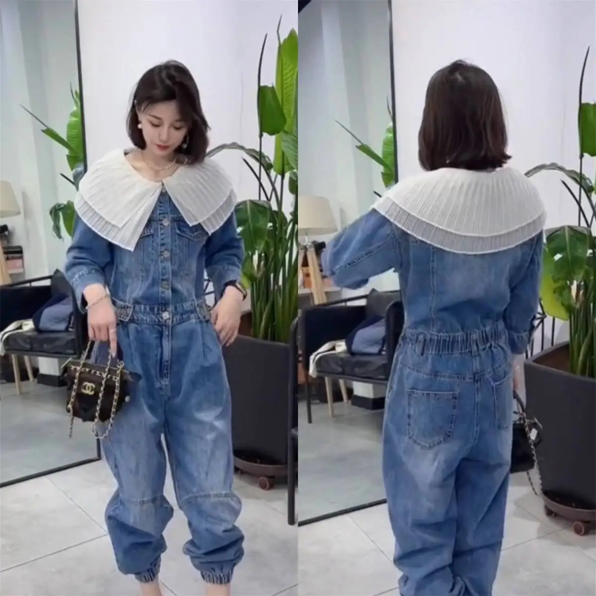 Jumpsuit Women Autumn Spring Organza Doll Collar Cotton High Waist Full Sleeve Cargo Pants Elastic Waist Jumpsuit Girls Sweet