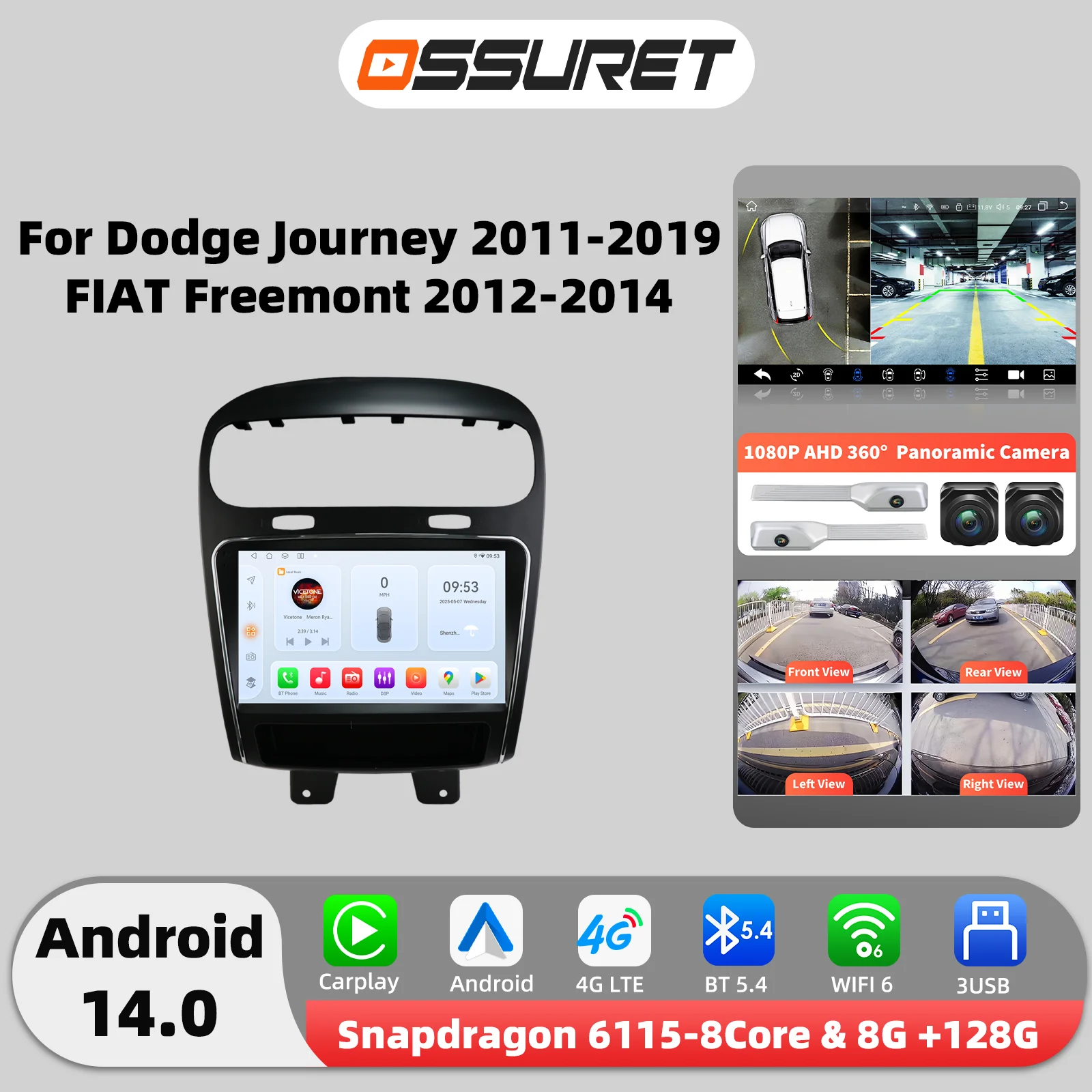 Carplay Android 14 Auto Auto radio Für Dodge Journey 2011-2019 FIAT Freemont 2012-2014 multimedia GPS 360 Kamera autoradio Bildschirm