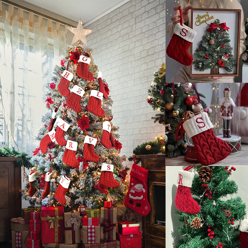 Name Letter Christmas Socks Red Snowflake DIY Alphabet Knitting Stocking Christmas Tree Pendant Decorations For Home Xmas Gifts