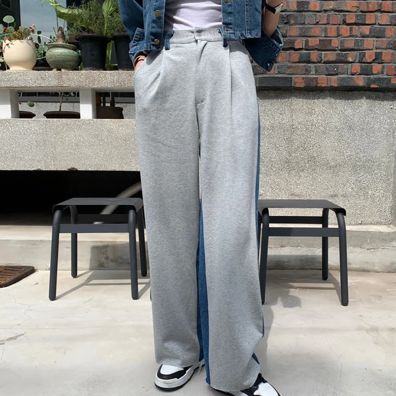 

SuperAen Korean Chic Autumn Niche Design High-waisted Front and Back Panel Contrast Loose Wide-leg Jeans Trousers