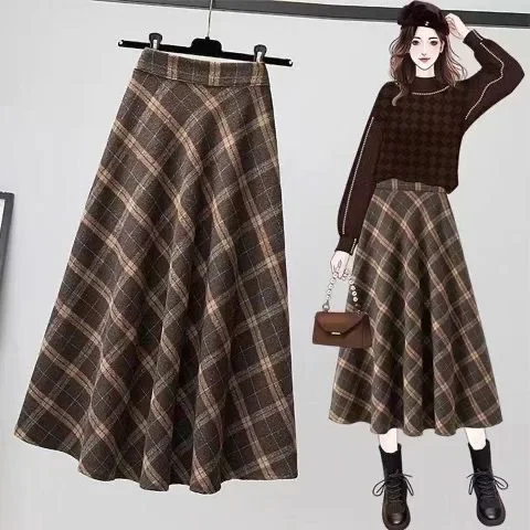 

Autumn Winter Woolen Skirt Women 2023 Korean Style Thick High Waist Long Skirt Woman A Line Pleated Plaid Skirt Female