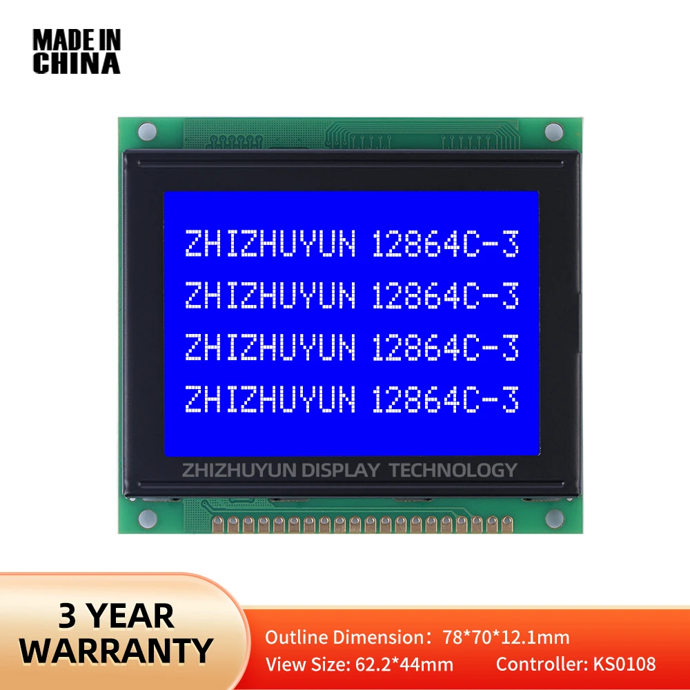 

12864C-3 LCD Display Module 128*64 78X70mm Blue Green With Plastic 20PIN Parallel Port Multilingual Module