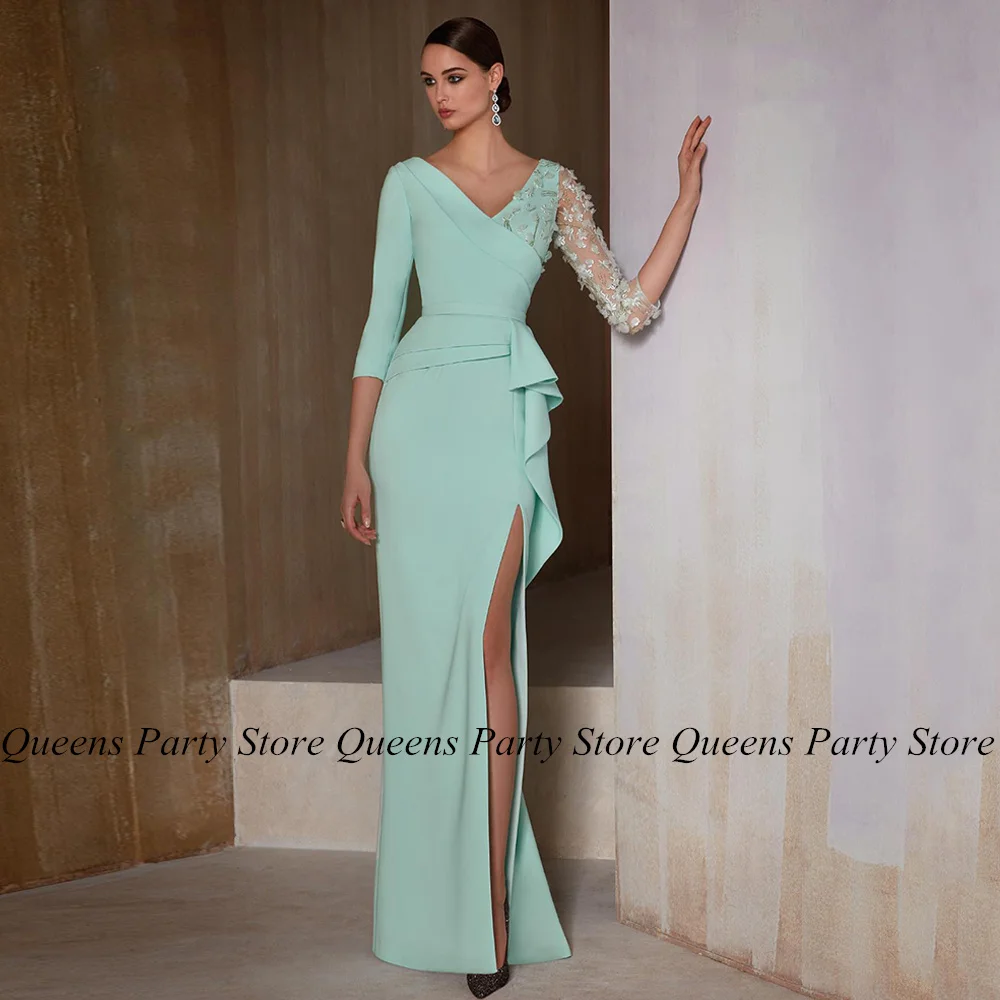 

Mint Mother of The Bride Dress V Neck 3/4 Sleeves Pleat Ruffles High Slit Sweep Train Mermaid Evening Dresses Wedding Guest Gown