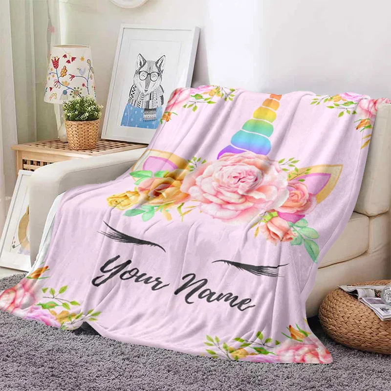 

Pink Cartoon Unicorn Custom Name Blanket Baby Girl Boy Blankets Flannel Throw Blanket Personalized Family Friends Blanket Gifts