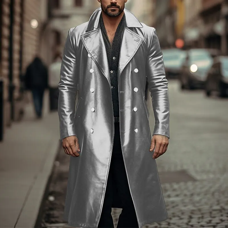 Description Picture 3 of itemEuropean and American Large-sized Long Leather Windbreaker Men's Double Breasted Leather Jacket Medieval Clothing Leather Coat
