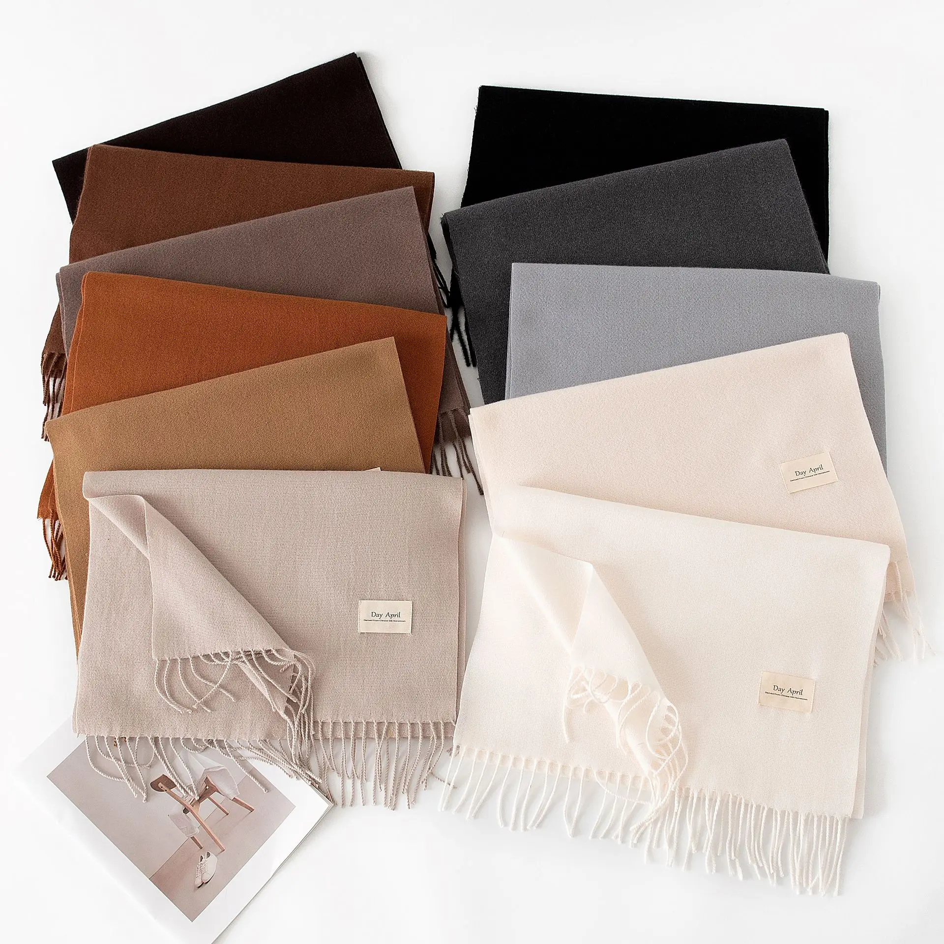 Solid Color Plain 100% Wool Scarf With Tassel Women Man Winter Warm Neck Scarves Shawl Female Cashmere Scarf 2024