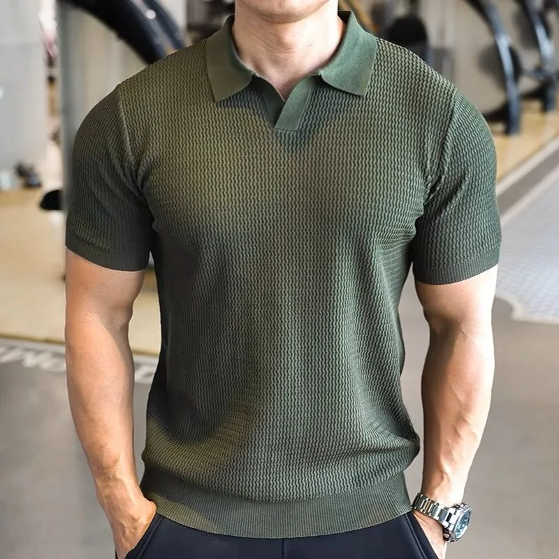 Men's Knitted Business Polo Shirt Summer Ice Silk Breathable Elastic Slim Fit Solid Color Lapel Short Sleeve Knitted T-Shirt Top