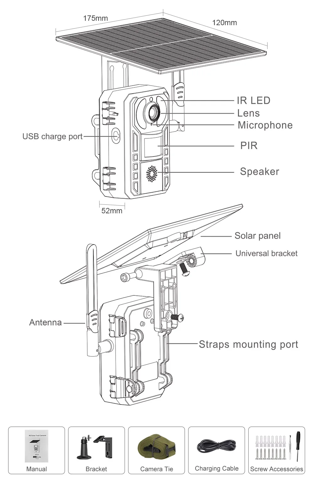 2K 4G LTE Cellular Trail Camera Outdoor Solar Hunting Camera PIR Detection Night