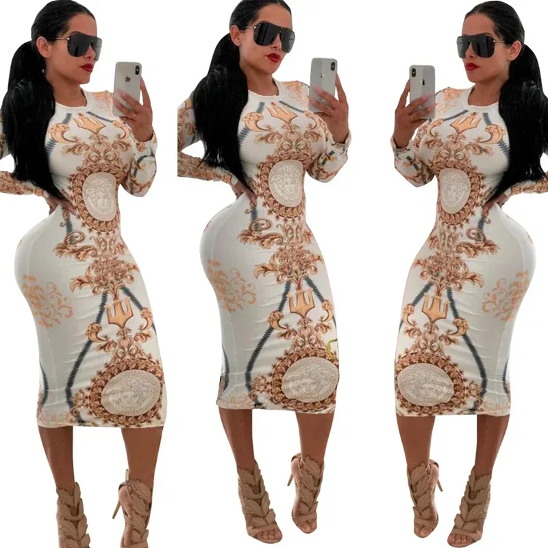 

Women Spring Summer Sexy Print Bodycon Dress Long Sleeve Knee-length Casual Vintage Dress Elegant Slim Midi Party Dress Vestidos