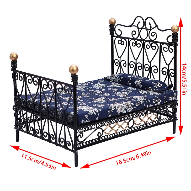 1:12 Dollhouse Mini Single/Double Bed Home Bedroom Furniture Toy Gift Living Room Furniture Model Beautiful Handmade Iron Toy 6