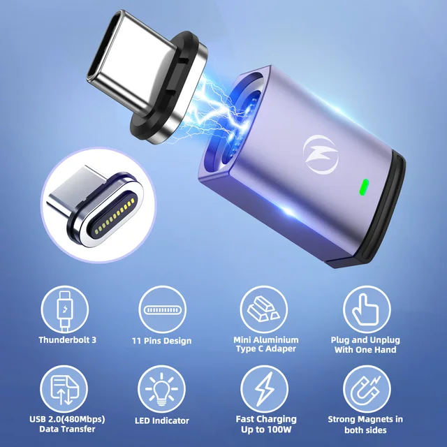 Магнитный адаптер FONKEN USB Type-C 100 Вт для Macbook Pro Air M1, адаптер для быстрой зарядки ноутбука, Магнитный адаптер USB C для Samsung 6