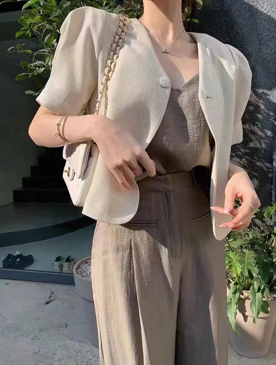 한국 스타일 여름 심플한 리넨 짧은 정장 셔츠 다목적 하이 엔드 느낌 원 버튼 다목적 미니 겉옷 탑