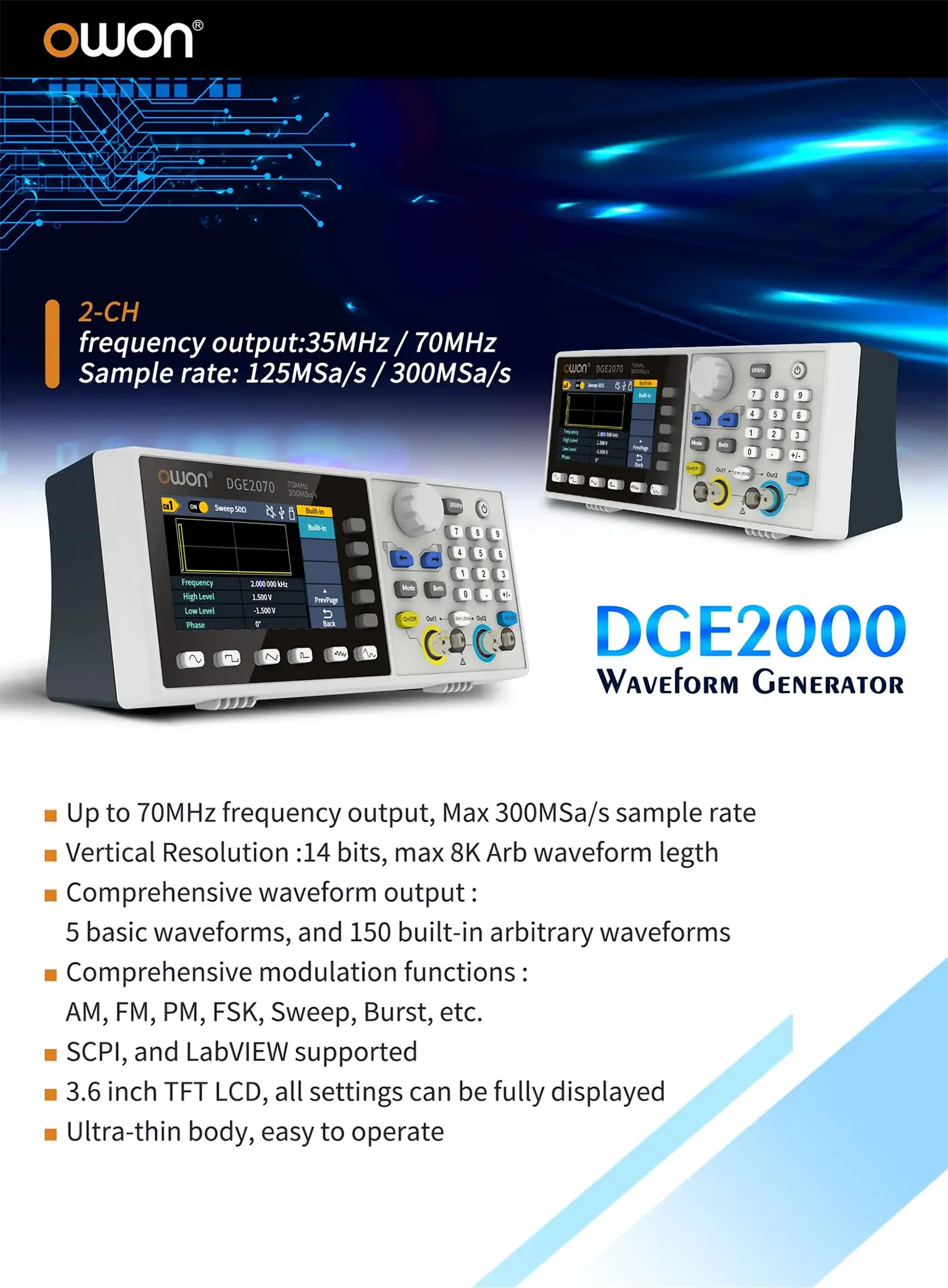 DGE2035/DGE2070 Dual Channel Digital Oscilloscope, Waveform Generator 300MSa/S S