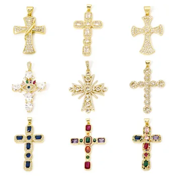 1 Piece Brass Religious Pendants 18K Real Gold Plated Cross Cubic Zirconia Charms For DIY Necklace Bracelet Jewelry Making 1