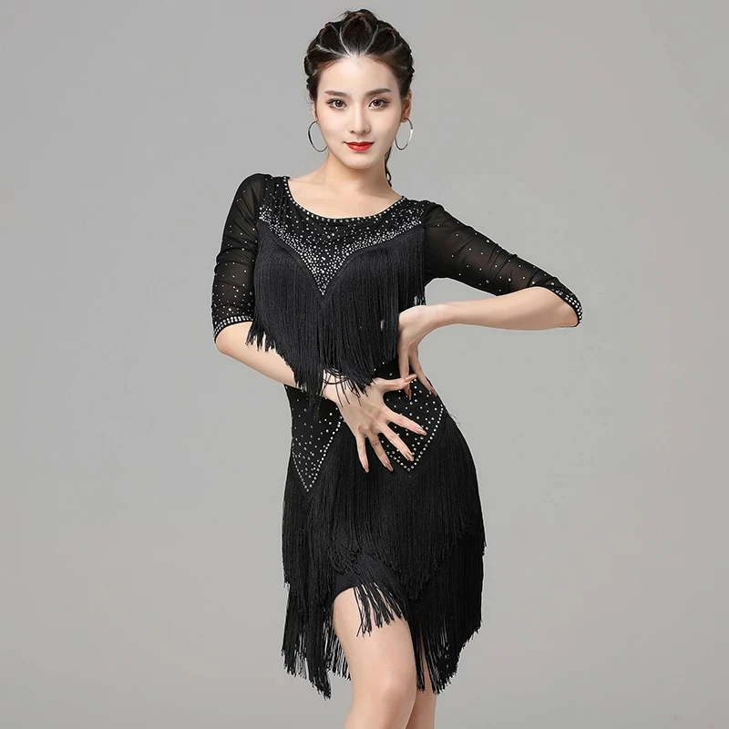

Sheer Mesh Women Dance Clothes Competition Ballroom Dress Samba Costume Party Dresses Stretchy One-piece Fringes Latin Dress