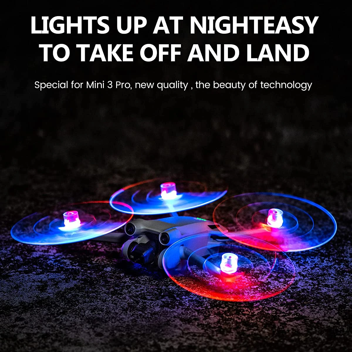 Hélices LED Flash pour DJI Mini 3 Pro en action, éclairant le ciel avec faible bruit.